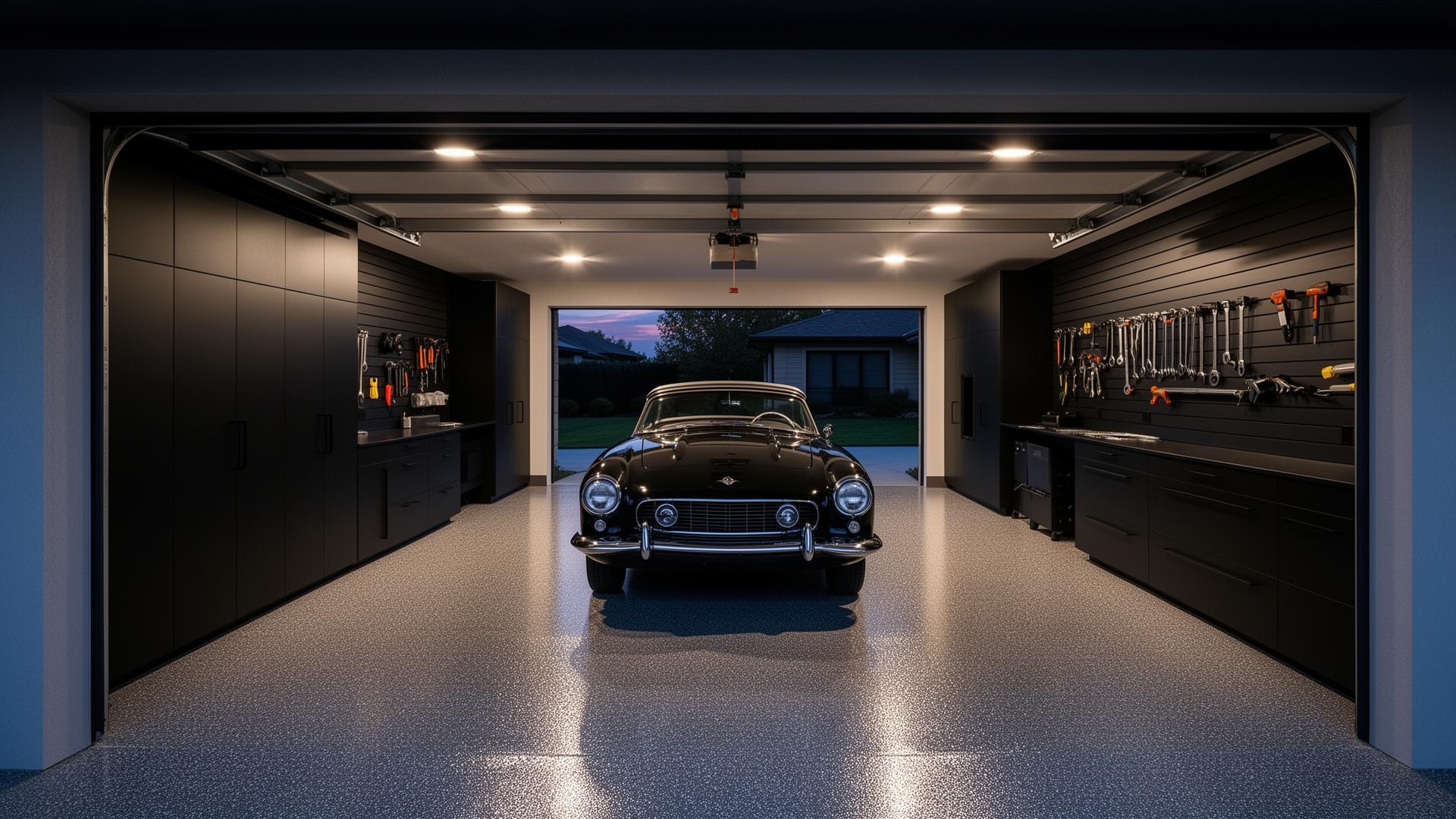 Organized modern garage concept with epoxy floor and cabinetry